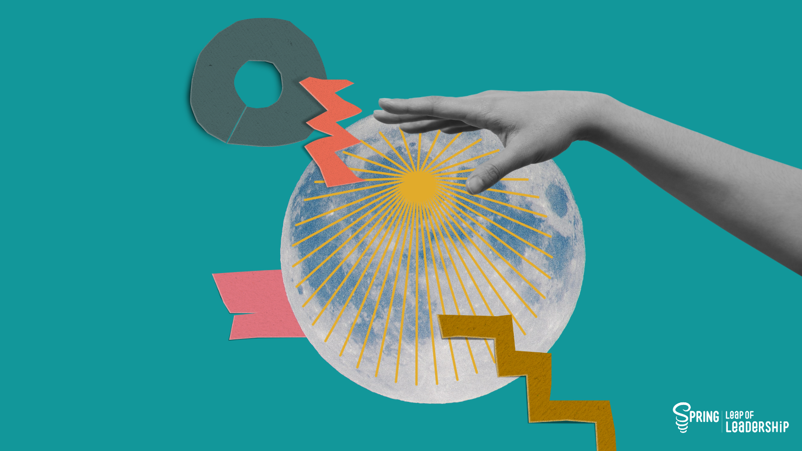 A collage of a globe and colorful shapes on a teal background with a black and white image of an arm reaching over it