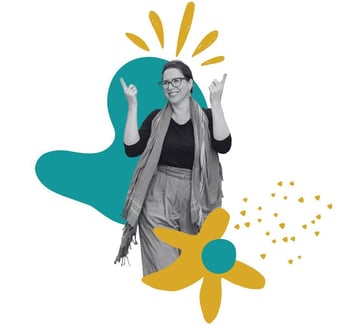 A woman pointing her two pointer fingers to the sky, smiling surrounded by yellow and teal organic shapes A woman pointing her two pointer fingers to the sky, smiling surrounded by yellow and teal organic shapes