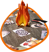 FIRE prop surrounded by cards with images