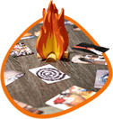 There is a wooden figure on the floor in the shape and color of fire surrounded by 