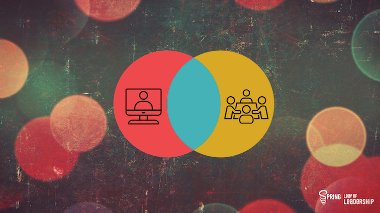A pink, blue and yellow venn diagram on a background of colored circles showing the overlap between virtual, hybrid and in-person gatherings