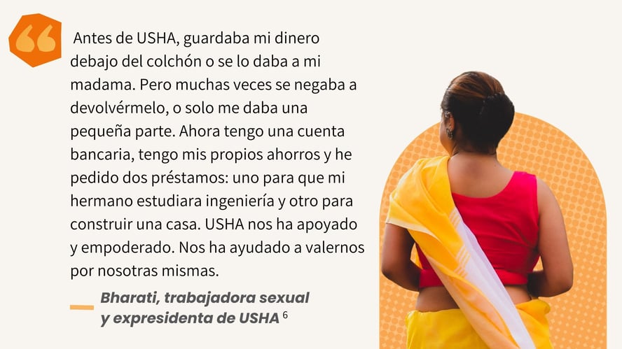 Antes de USHA, guardaba mi dinero debajo del colchón o se lo daba a mi madama. Pero muchas veces se negaba a devolvérmelo, o solo me daba una pequeña parte. Ahora tengo una cuenta bancaria, tengo mis propios ahorros y he pedido dos préstamos - RR