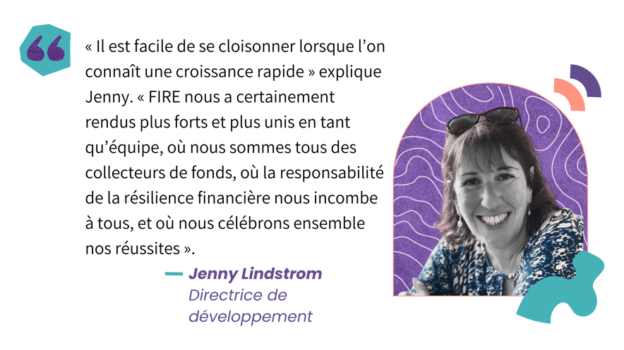 FIRE nous a certainement rendus plus forts et plus unis en tant qu’équipe, où nous sommes tous des collecteurs de fonds, où la responsabilité de la résilience financière nous incombe à tous, et où nous célébrons ensemble nos réussites »