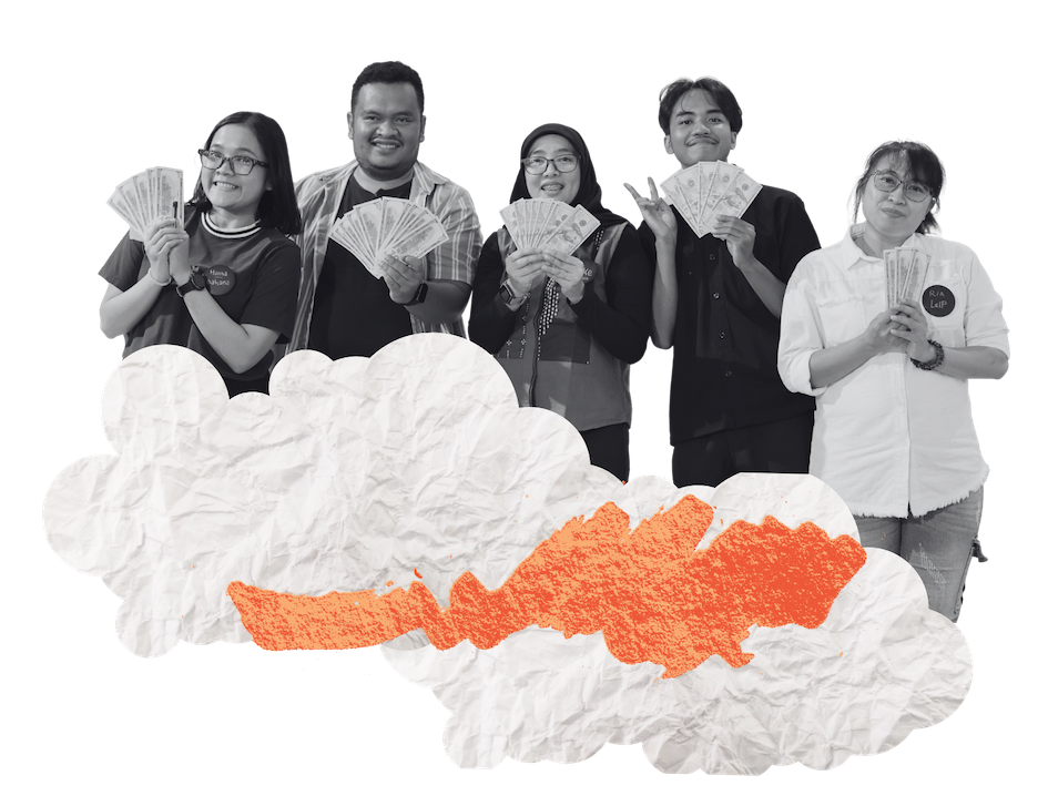 Five FIRE participants smiling and holding up fake money