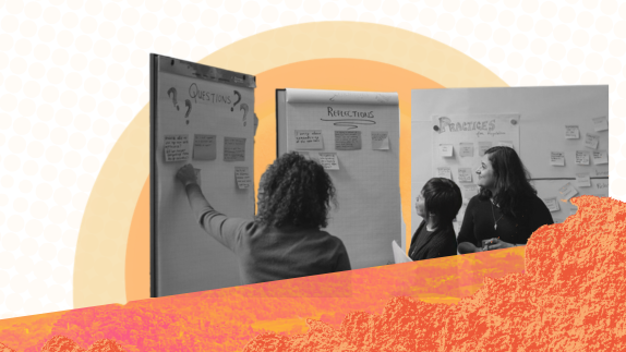 Three people look up at flip charts titled questions, practices and reflections
