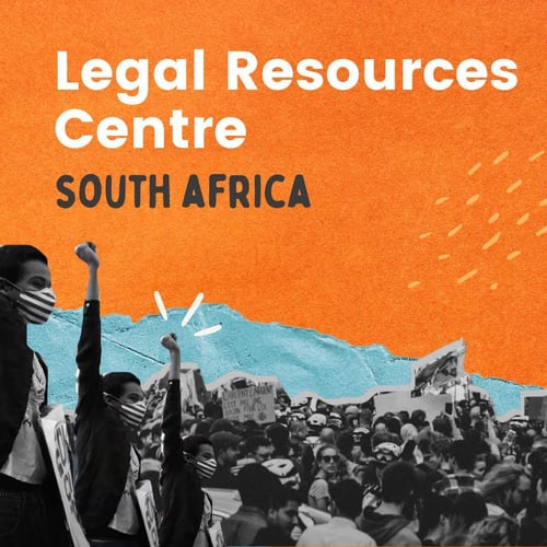 Legal Resources Centre - South Africa. A person raises their fist in a repeated motif. A crowd of protesters behind them.