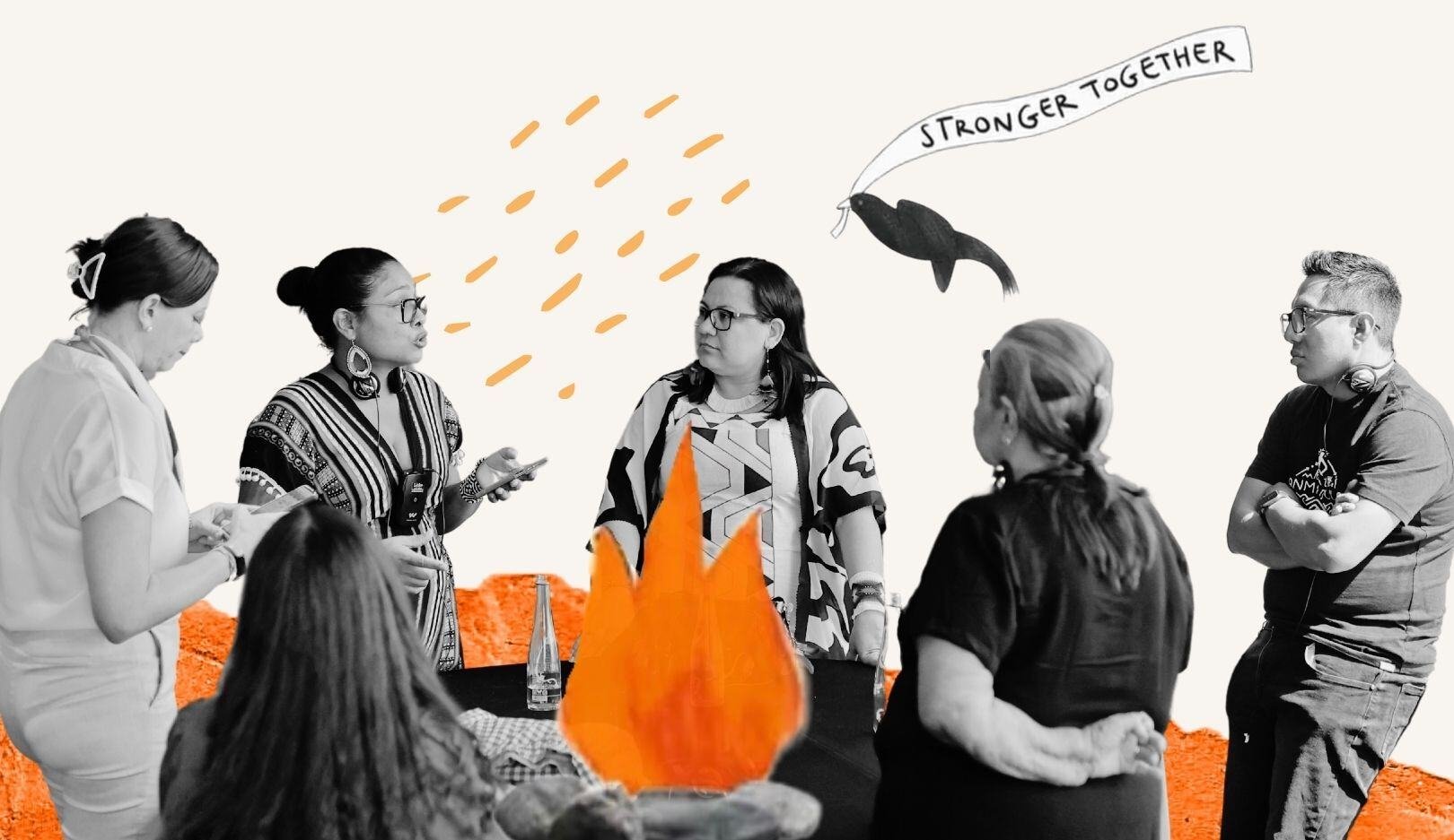 6 people stand in a circle surrounding a fire talking to each other with a bird in the background carrying a sign 