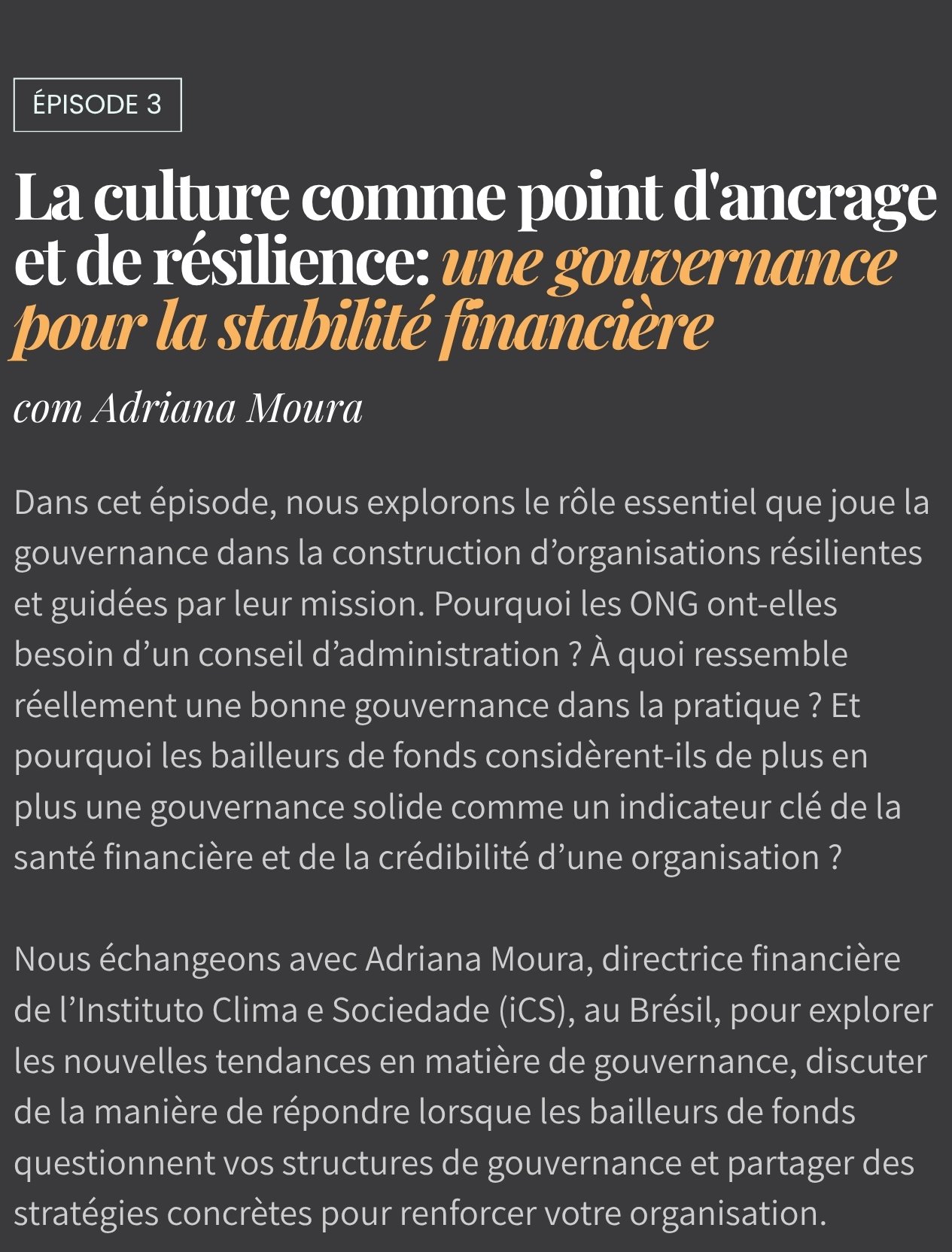 La culture comme point d'ancrage et de résilience: une gouvernance pour la stabilité financière avec Adriana Moura