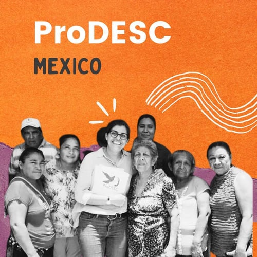 ProDESC - Mexico -  A smiling woman with dark hair poses with her arm around another woman. A group of people post around them.