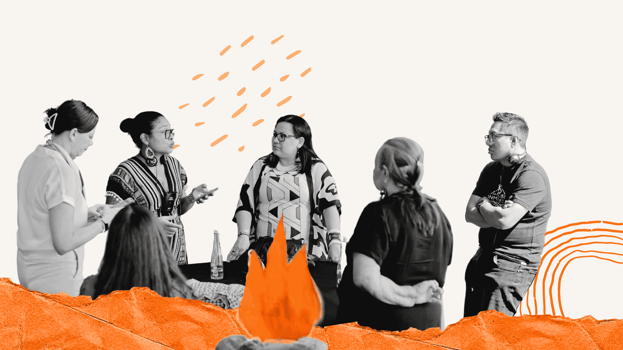 5 people gathered around a fire