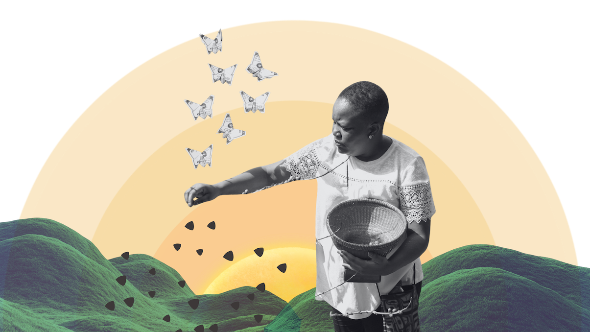 A woman sowing seeds with a horizon and mountains in the background with origami butterflies made out of paper money