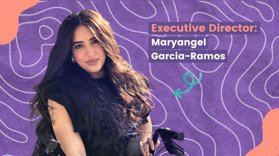 WEI Executive Director Maryangel Garcia-Ramos. She is wearing a black blouse, and behind her is a purple and pink background with wavy white lines. Credit: WEI.