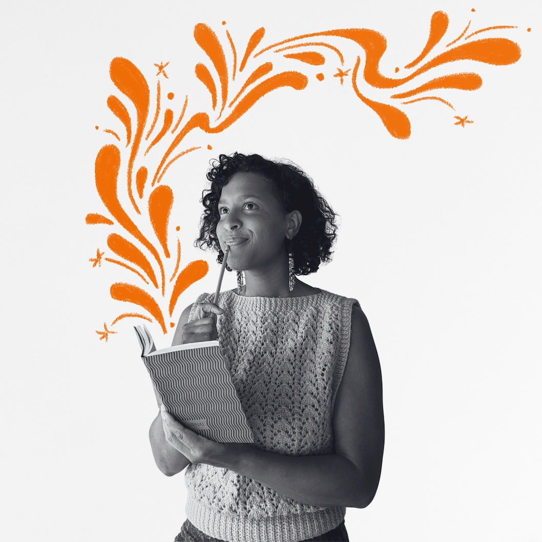 Jesse Firempong holding an open book and in mid-thought as orange designs swirl out of her book