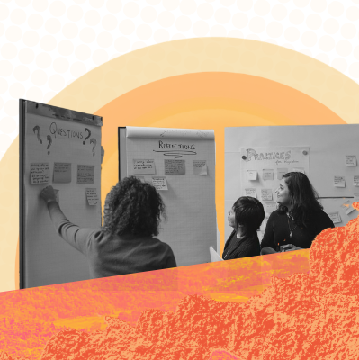 3 people look up at flip charts titles questions, reflections and questions